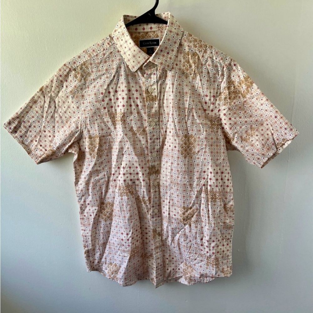 Club Room Short Sleeve Button Down Shirt Geometric Print Whimsical Size Sm NEW